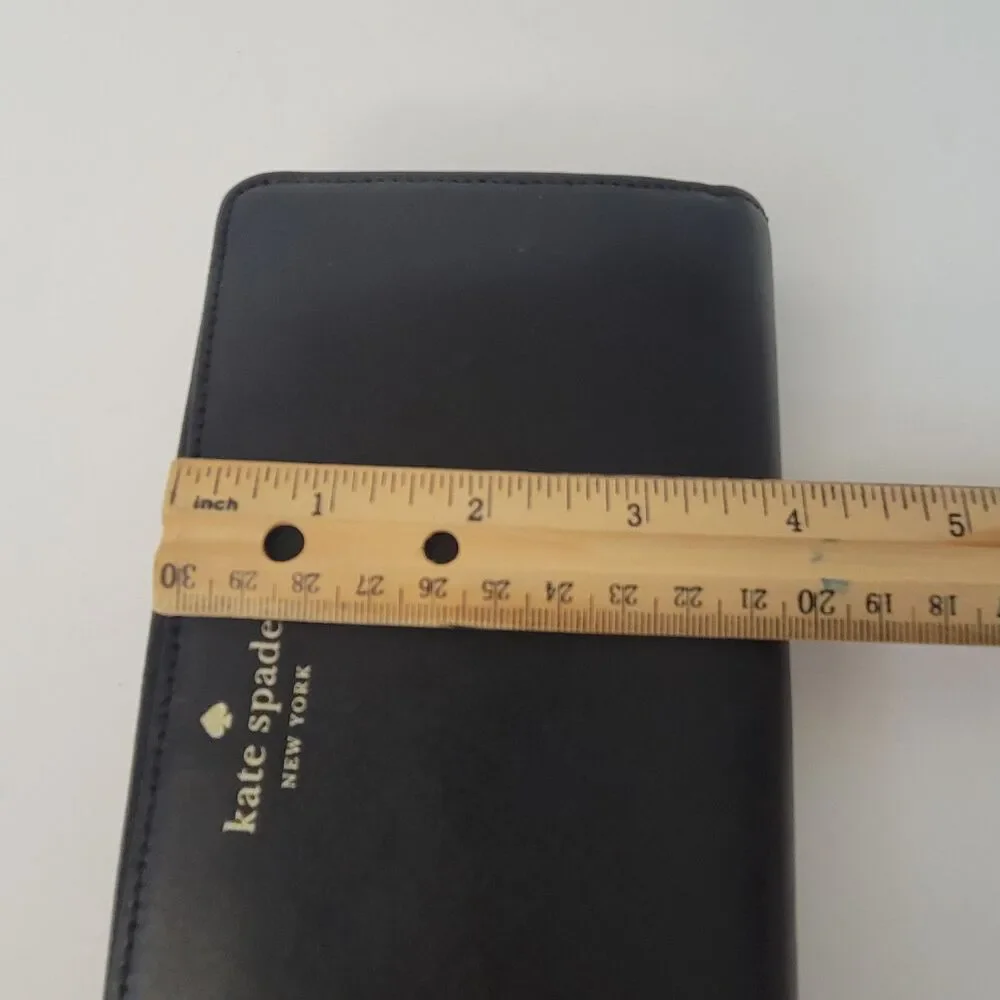 Kate Spade New York Black Leather Zip Around Continental Wallet Gold Tone